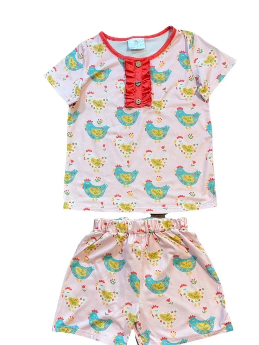 Ruffle Girl Kids Pink Chicken Print 2 pcs Pajama Set Short Sleeve Top & Shorts